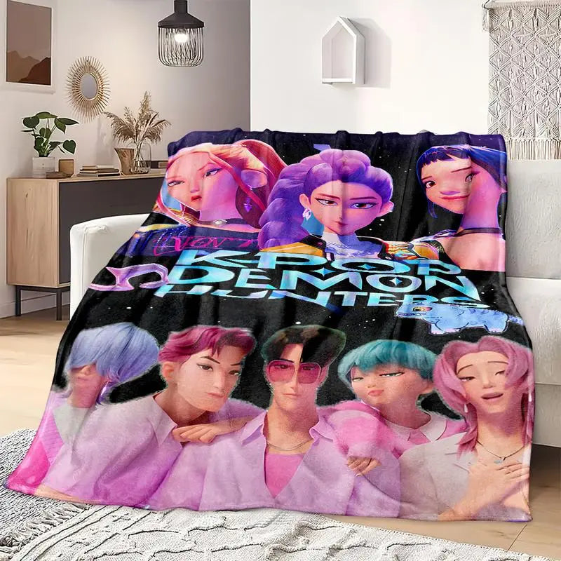 K-Pop Demon Hunter Star Team Blanket Soft Flannel Sofa Bed Cover Blue Lightweight All-Season Travel Camping Home Rug with Print Design