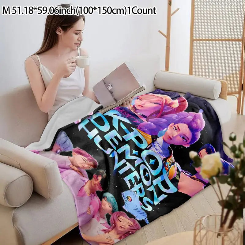 K-Pop Demon Hunter Star Team Blanket Soft Flannel Sofa Bed Cover Blue Lightweight All-Season Travel Camping Home Rug with Print Design