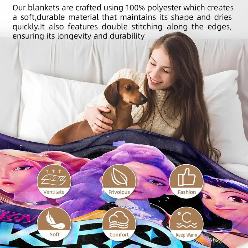 K-Pop Demon Hunter Star Team Blanket Soft Flannel Sofa Bed Cover Blue Lightweight All-Season Travel Camping Home Rug with Print Design